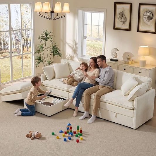 Ihanherry 103" Modular Sectional Sofa with Storage, L Shaped Cloud Couch with Movable Ottomans & 4 Pillows, Chenille Deep Seat Sectional Couches for Living Room, Apartment (Beige)