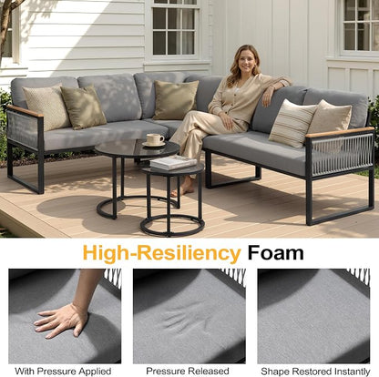 7-Piece L-Shaped Patio Conversation Sets, Hand-Woven Wicker Outdoor Sectional Sofa with Glass Nesting Coffee Table, Weather-Resistant Frame, Removable Cushion for Deck, Porch, Backyard (Gray)
