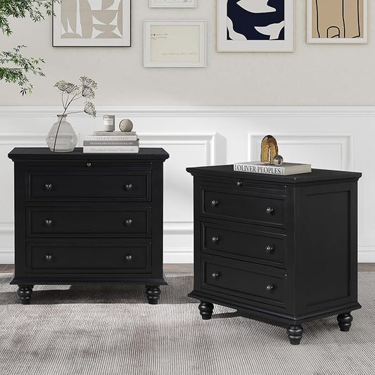 Merax Nightstand with Drawers Set of 2, Wood Bedside End Table with Pull Out Tray, Black (No Guide Rails)