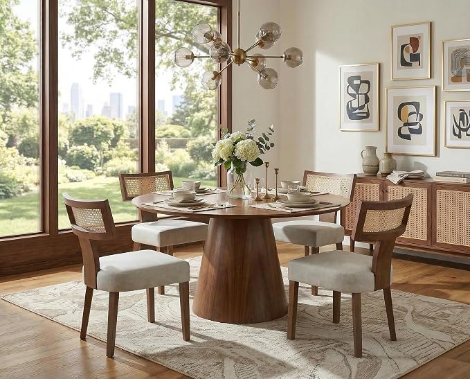 RIVOVA Modern Dining Chairs, Set of 4 - Rattan Back, Pu Leather Upholstered, Kitchen Chairs with Solid Wood Frame, Grey