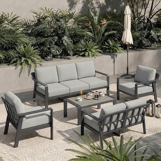 KISLOT Aluminum Outdoor Patio Furniture Set with Coffee Table,6 Seater Patio Conversation Sets with Washable Thick Cushions,Outdoor Sectional Furniture Set for Poolside, Balcony,Gray Aluminum Frame