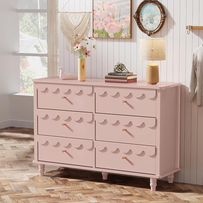 Anbuy Bedroom Sets Scalloped 6 Drawer Dresser and Night Stand Sets for Bedroom, Two Drawers Nightstand Set of 2 & 6 Drawer Dresser Combo 3 Pieces (Pink)