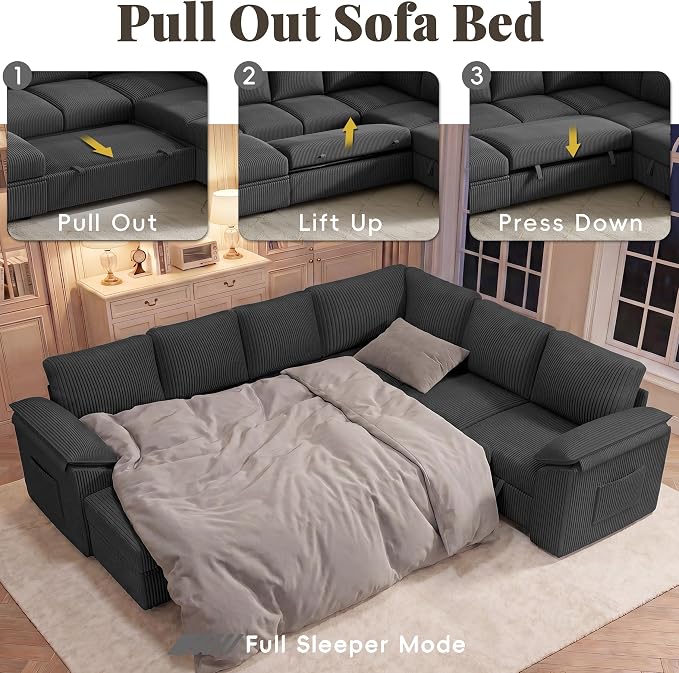 108 Inch Sectional Sleeper Sofa Bed with Pull Out Couch, U Shaped 7 Seat Cloud Modular Sectional Sofa with Storage, Corduroy Sectional Couches for Living Room, Removable Sofa Cover, Dark Grey