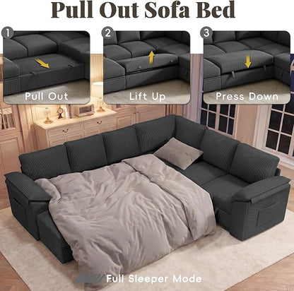108 Inch Sectional Sleeper Sofa Bed with Pull Out Couch, U Shaped 7 Seat Cloud Modular Sectional Sofa with Storage, Corduroy Sectional Couches for Living Room, Removable Sofa Cover, Dark Grey