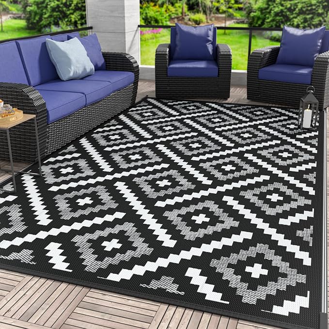 GENIMO Outdoor Rug for Patio Clearance, 6'x9' Waterproof Camping Mat, Reversible Plastic Straw Rugs for RV, Camper, Balcony, Backyard, Picnic, Deck (Mix Black White)