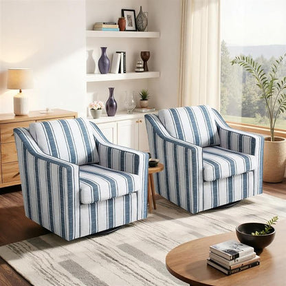 Swivel Accent Chair Set of 2, Modern Round Barrel Arm Chair for Living Room, Bedroom, Comfy Club Reading Chairs for Adult, Stripe Navy Blue