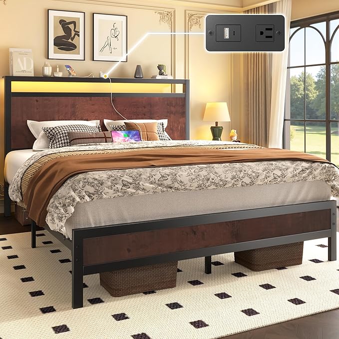 Fluest Queen Bed Frame with Headboard & Footboard, Bed Frame with Built-in Charging Station & LED Light, Storage Shelf, Noise-Free, No Box Spring Needed, Easy Assembly, Coffee Brown