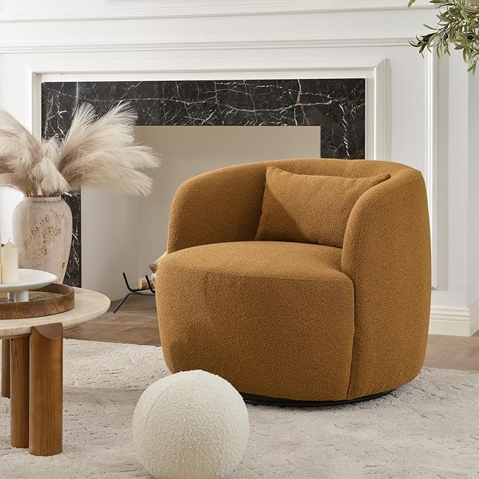 KINWELL 34" Wide Boucle Swivel Barrel Chair, No Assembly Round Upholstered Armchair Accent Chair Single Sofa Chair with Toss Pillow for Living Room and Bedroom, Brown