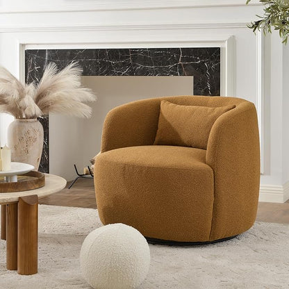 KINWELL 34" Wide Boucle Swivel Barrel Chair, No Assembly Round Upholstered Armchair Accent Chair Single Sofa Chair with Toss Pillow for Living Room and Bedroom, Brown