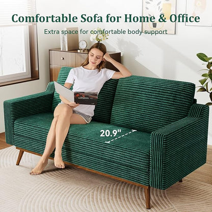 65" Loveseat Sofa, Comfy Green Corduroy Couches for Living Room, Mid Century Modern Love Seat Sofa, Tool-Free Setup Small Couches for Bedroom Office