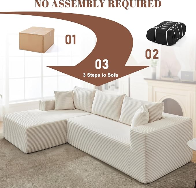 Mangodan 110” Cloud Sectional Couch, Modular Sectional Sofa for Living Room, Boneless Sofa with Deep Seat, Comfy Fluffy Couch with L-Shaped Chaise, No Assembly Required (Left-Facing Chaise, Beige)