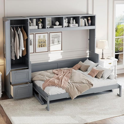 Merax Full Size Murphy Bed, Wall with Closet and Drawers, Storage Space Saving Muti-Functional Beds Frame for Home Office Guest Room, Gray