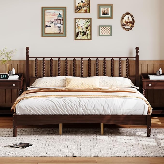 Walnut 3 Pieces King Bedroom Set, Vintage Platform Bed Frame King Size with 2 Nightstand, Wood Traditional Bedframe with Spindle Headboard, No Box Spring Required (Walnut, King)