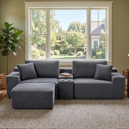 ivoros 111 Inch Modular Sectional Sofa Couch, Oversized Modern Cloud Couch for Living Room, L Shape Couches with Ottomans, USB Ports and Cup Holders, Grey Corduroy Boneless Sofas, Sofa in a Box
