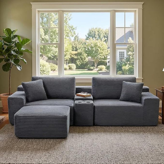 ivoros 111 Inch Modular Sectional Sofa Couch, Oversized Modern Cloud Couch for Living Room, L Shape Couches with Ottomans, USB Ports and Cup Holders, Grey Corduroy Boneless Sofas, Sofa in a Box