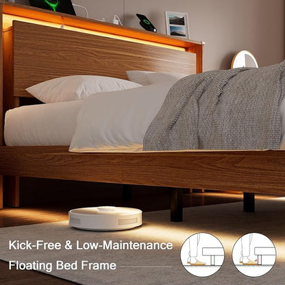 Einhomn King Size Bed Frame with LED Lights & Charging Station – Wood Floating Bed Frame with Storage Headboard, Adhesive Slats, Kick-Free & Noise-Free Design, Easy Assembly, Walnut