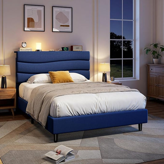 EnHomee Twin Size Bed Frame with Upholstered Headboard,Adjustable Height Platform Bed,Charging Station,No Box Spring Needed,Easy Assembly,Noise-Free,Navy Blue