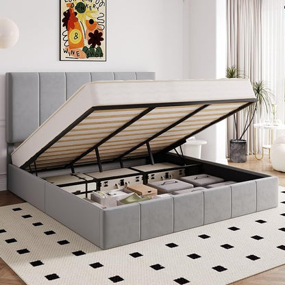 Allewie King Size Velvet Lift Up Storage Bed Frame, Vertical Channel Tufted Headboard, Hydrualic Underneath Storage, Upholstered Platform Bed, Wooden Slats Support, No Box Spring Needed, Gray