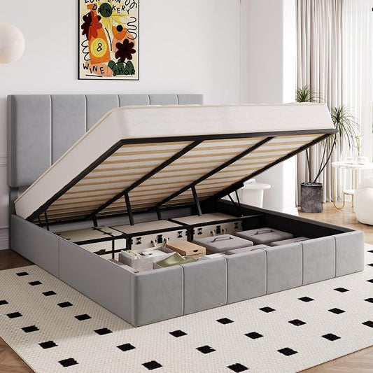 Allewie King Size Velvet Lift Up Storage Bed Frame, Vertical Channel Tufted Headboard, Hydrualic Underneath Storage, Upholstered Platform Bed, Wooden Slats Support, No Box Spring Needed, Gray