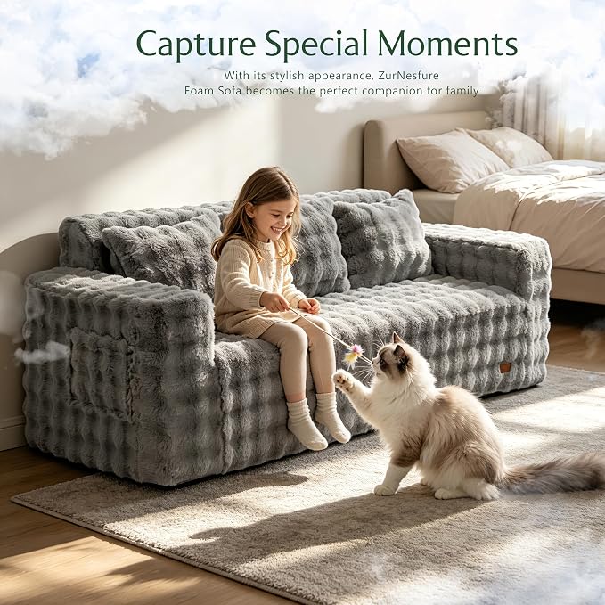 ZurNesfure Sofa Couch Cloud 3-Seater Memory Foam Couch with Pillow No Assembly Required, Modern Couch with Removable Washable Cover Boneless Sofas for Living Room Bedroom Apartment (Grey,3-Seater)