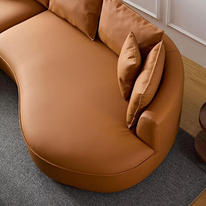 KEIKI 129" Curved Oversized Modular Bonded Leather Sectional Sofa with Left Chaise, 4 Pillows, 3 Back Cushion, Modern Comfy 5-Seater Couch, Easy Assembly, for Apartment, Living Room, Orange