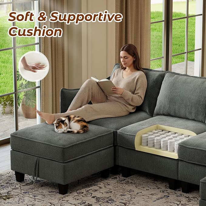 WorthFurni 112" Modular Sectional Sofa U Shape Couches with Storage Ottoman and Washable Cushion Cover for Living Room, Bedroom, Apartment(Grey)