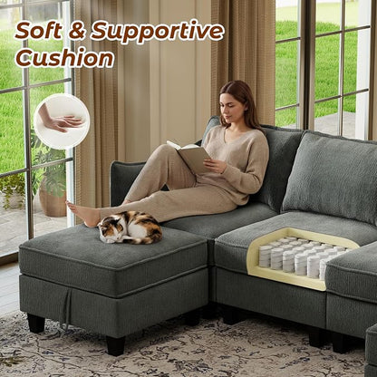 WorthFurni 112" Modular Sectional Sofa U Shape Couches with Storage Ottoman and Washable Cushion Cover for Living Room, Bedroom, Apartment(Grey)