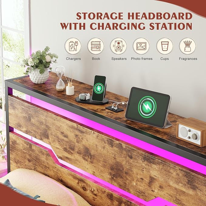 Homkdom Queen Bed Frame with USB Ports & LED Lights, Headboard Shelf, Heavy Duty Metal Platform with 10.24" Underbed Storage, Noise-Free Slats, No Box Spring Needed, Modern Brown