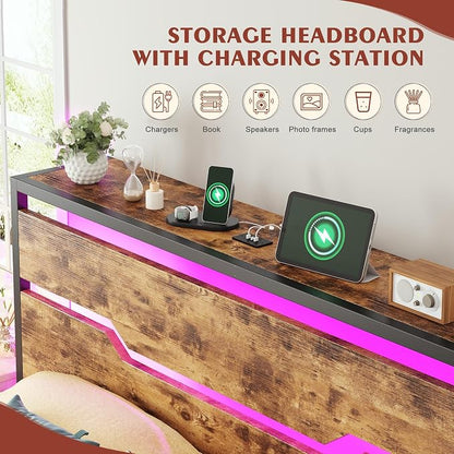 Homkdom Queen Bed Frame with USB Ports & LED Lights, Headboard Shelf, Heavy Duty Metal Platform with 10.24" Underbed Storage, Noise-Free Slats, No Box Spring Needed, Modern Brown