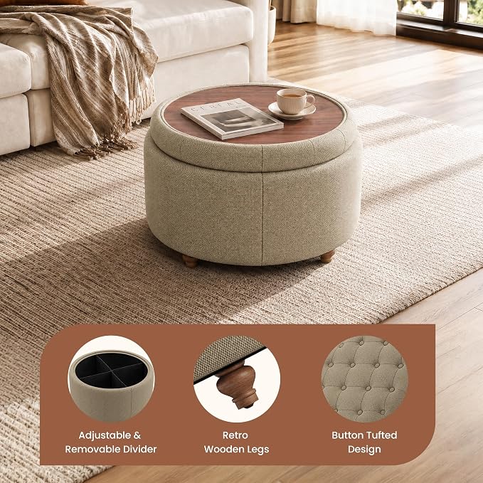 25Inch Round Ottoman with Storage, Tufted Fabric Modern Circle Ottoman with Reversible Tray Lid and Wood Legs, Multi-Functional Small Coffee Table for Living Room, Bedroom, Coffee