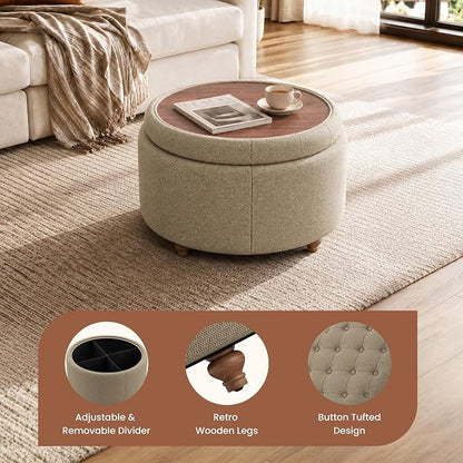25Inch Round Ottoman with Storage, Tufted Fabric Modern Circle Ottoman with Reversible Tray Lid and Wood Legs, Multi-Functional Small Coffee Table for Living Room, Bedroom, Coffee
