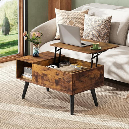 WLIVE Coffee Table for Living Room, Small Coffee Table with Storage, Lift Top Modern Wooden Dining Center Table with Storage Shelf & Hidden Compartment, 31.5" Rustic Brown
