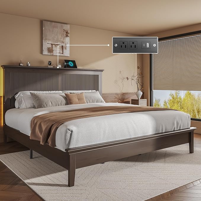 Lifezone King Bed Frame with Headboard, Solid Wood Bed Frame King Size with Charging Station & RGB LED, Wood Slats Support, Noise-Free, Sturdy Structure, Easy Assembly, Walnut