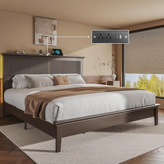 Lifezone King Bed Frame with Headboard, Solid Wood Bed Frame King Size with Charging Station & RGB LED, Wood Slats Support, Noise-Free, Sturdy Structure, Easy Assembly, Walnut
