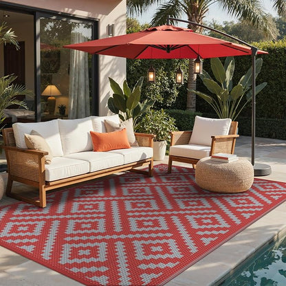 GENIMO Christmas Outdoor Rug for Patio Clearance, 6'x9' Reversible Plastic Straw Rugs, Lightweight Waterproof RV Camping Mat for Camper, Balcony, Deck, Backyard, Picnic, Red Grey
