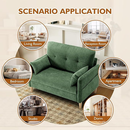 Urhanherry 47" Small Sofa Couch for Bedroom, Soft Chenille loveseat Mini Couch with Throw Pillow and Removable Cushion Cover for Small Spaces, Living Room, Apartment, Dorm, Office(Green)