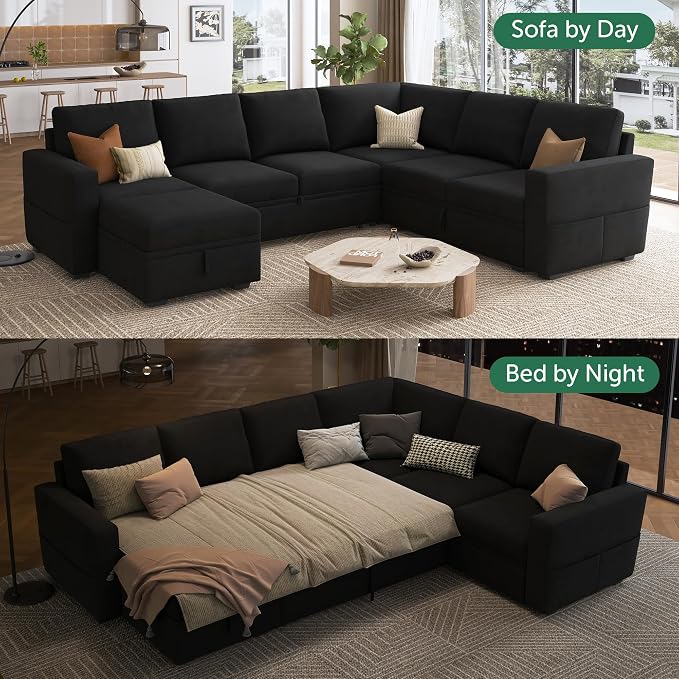 HONBAY Sectional Sleeper Couch with Pull Out Bed, U Shaped Sectional Sofa with Storage, Modular Velvet Sectional Couches for Living Room, Black