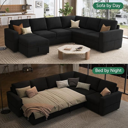 HONBAY Sectional Sleeper Couch with Pull Out Bed, U Shaped Sectional Sofa with Storage, Modular Velvet Sectional Couches for Living Room, Black