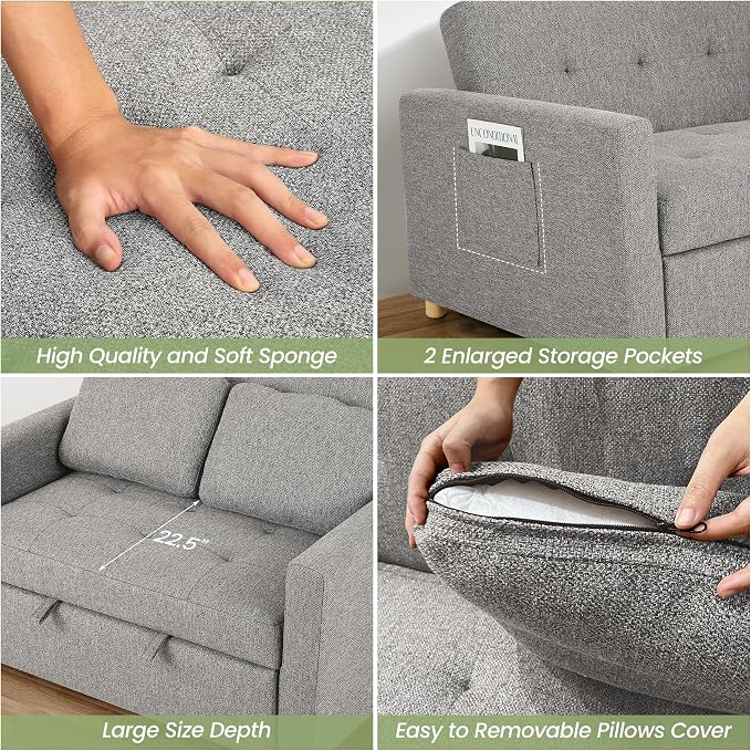 SEJOV Convertible Sofa Bed, 3-in-1 Sleeper Sofa Pull Out Couch Bed, 2-Seater Linen Fabric Loveseat Futon Sofa with Spring Support, Adjustable Backrest for Small Spaces, Living Room, Grey
