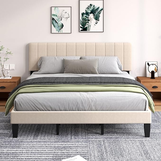 King Size Bed Frame with Headboard, Platform Bed with Soft Velvet Upholstered Headboard | Wooden Slats Support | Adjustable Height | No Box Spring Needed, King Bed Frame Beige