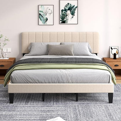 King Size Bed Frame with Headboard, Platform Bed with Soft Velvet Upholstered Headboard | Wooden Slats Support | Adjustable Height | No Box Spring Needed, King Bed Frame Beige
