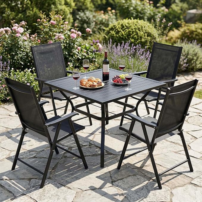 5-Piece Outdoor Dining Set for 4, E-Coated Rust-Resistant Metal Patio Table with 1.57" Umbrella Hole and 4 Folding High Back Mesh Chairs, All-Weather Furniture for Garden, Backyard, Deck (Black)
