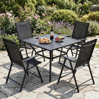 5-Piece Outdoor Dining Set for 4, E-Coated Rust-Resistant Metal Patio Table with 1.57" Umbrella Hole and 4 Folding High Back Mesh Chairs, All-Weather Furniture for Garden, Backyard, Deck (Black)