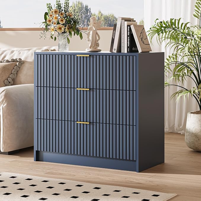 MAISONARIA 3-Piece Dresser Bedroom Set, 6 Drawer Dresser & 3 Drawer Nightstands with Gold Handles, Fluted Wood Chest of Drawers for Bedroom, Living Room, Entryway, Navy Blue