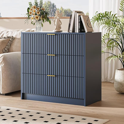 MAISONARIA 3-Piece Dresser Bedroom Set, 8 Drawer Dresser & 3 Drawer Nightstands with Gold Handles, Fluted Wood Chest of Drawers for Bedroom, Living Room, Entryway, Navy Blue