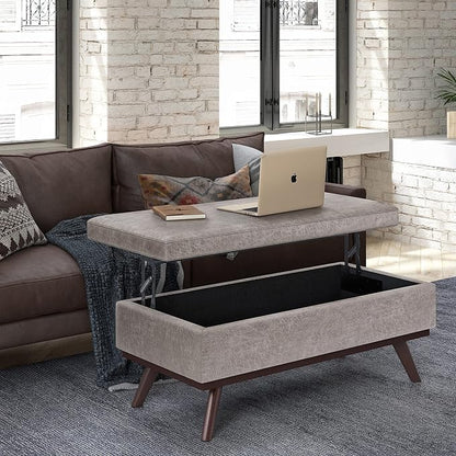 SIMPLIHOME Owen Lift Top Coffee Table Storage Ottoman - 42 inch Wide Upholstered Vegan Leather Rectangular Lift-Top Ottoman in Distressed Grey Taupe, Mid-Century Modern Ottoman for Living Room