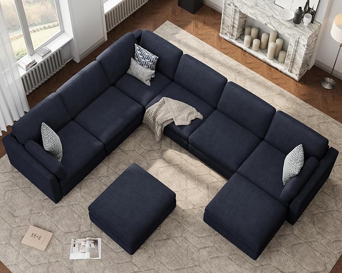 Oversized Modular Sectional Sofa U-Shaped Cloud Couches Blue | Large Deep Seat Couch for Living Room, 8 Seater Luxury Corner Sofa with Ottoman, Solid Wood Frame, Removable Washable Cover