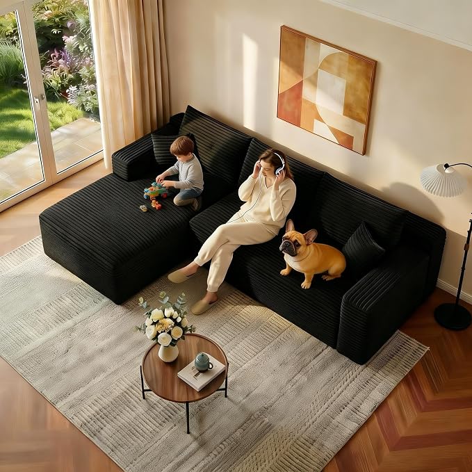 JINGLING 94" L Shape Couch with Left Chaise, Memory Foam Boneless Sectional Sofa in a Box, No Assembly Modular Small Couches for Small Spaces, Living Room, Apartments, Plush Corduroy, Black