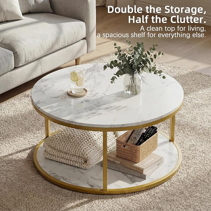 YESHOMY 36" Round Coffee Table, 2-Tier Wood Center Table with Storage Shelf, Heavy-Duty Metal Frame, Easy Assembly, Ideal for Living Room & Small Spaces, Black