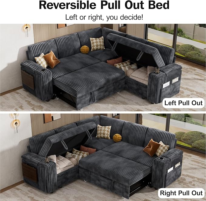 Vipbear 86" Modular Sectional Sleeper Sofa with Pull Out Bed, 5 Seat Plush Corduroy L Shaped Couch with Storage Seat|USB Ports|Cup Holders|Side Table|Storage Armrests, Tool Free Assembly, Grey
